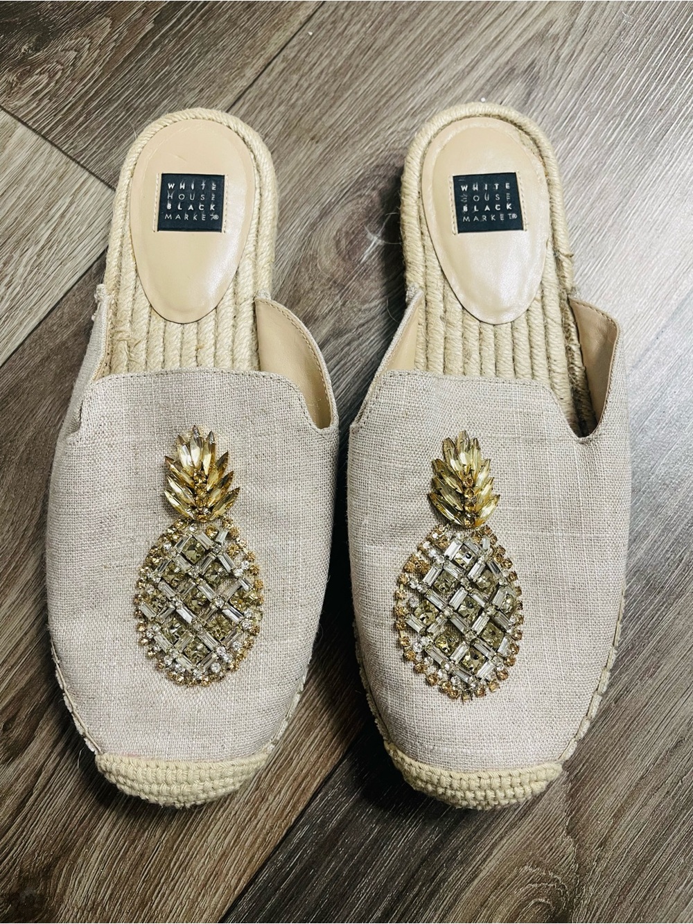 White House Black Market Josi Beige Pineapple Jeweled Espadrille Mule